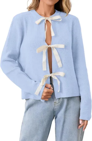 Women Long Sleeve Bow Tie Front Cardigan Sweater Open Front Knit Pullover Tops Casual 2024 Fall Winter