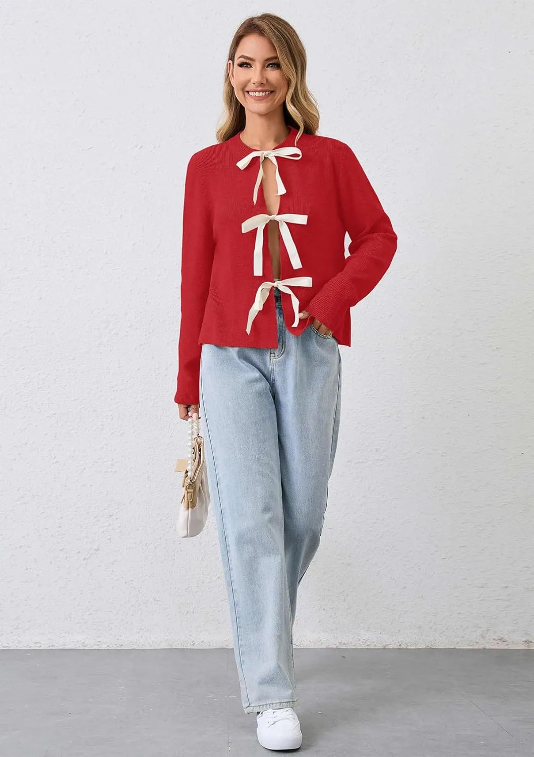 Women Long Sleeve Bow Tie Front Cardigan Sweater Open Front Knit Pullover Tops Casual 2024 Fall Winter