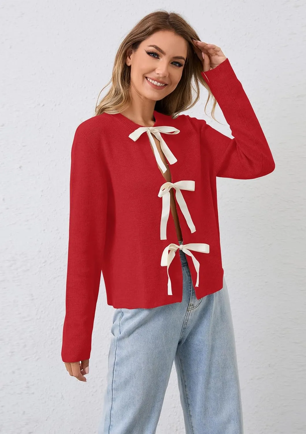 Women Long Sleeve Bow Tie Front Cardigan Sweater Open Front Knit Pullover Tops Casual 2024 Fall Winter