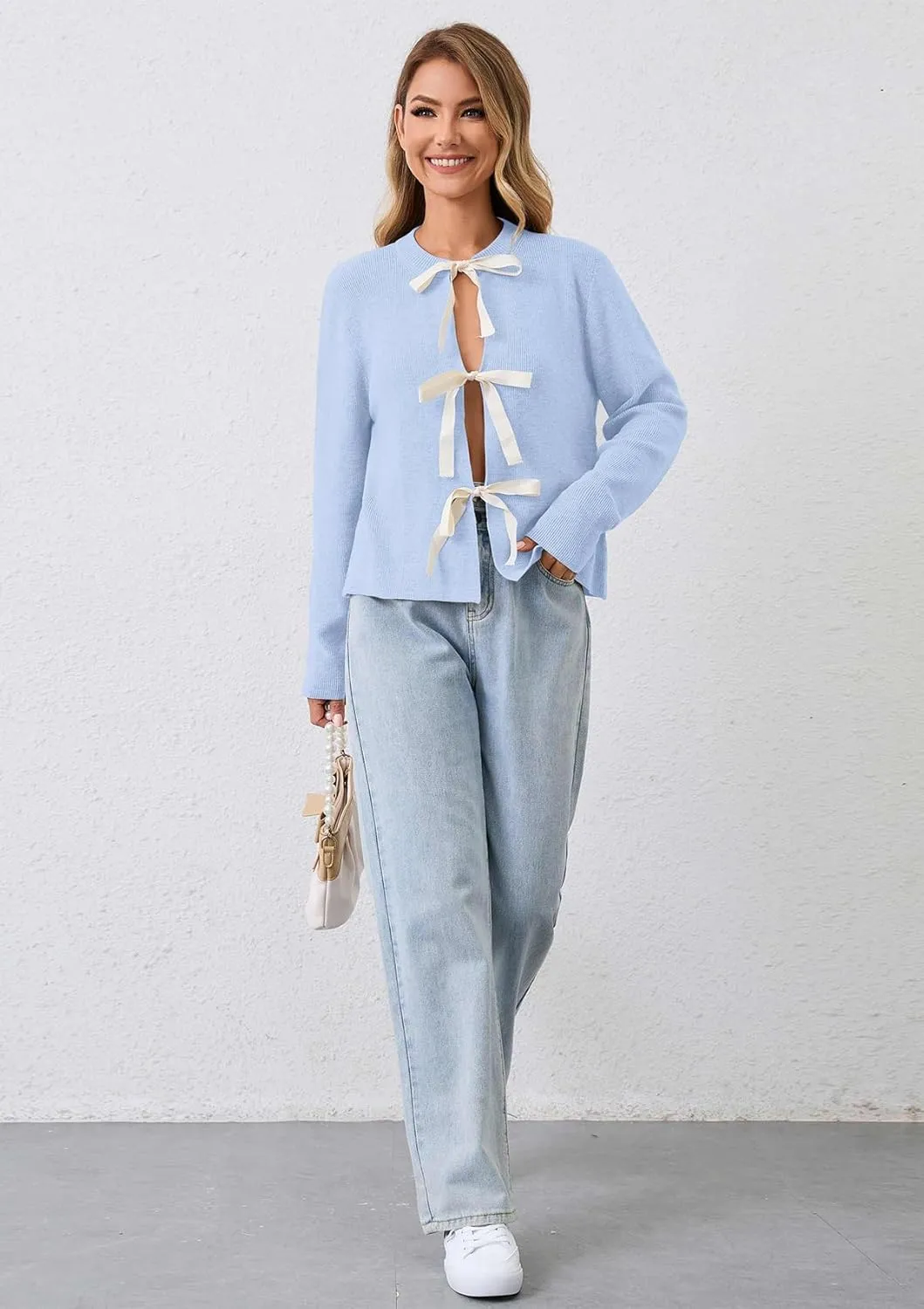 Women Long Sleeve Bow Tie Front Cardigan Sweater Open Front Knit Pullover Tops Casual 2024 Fall Winter