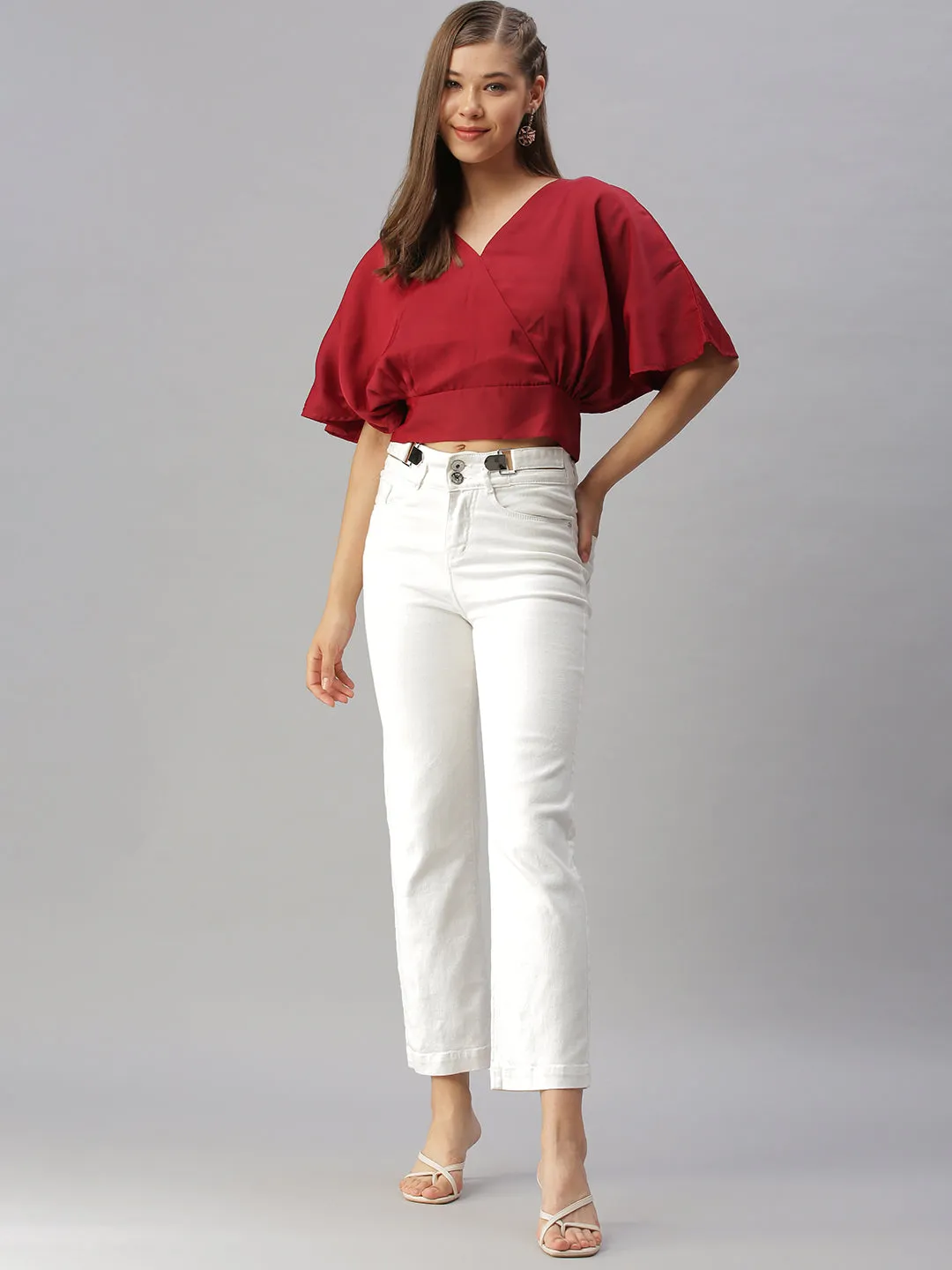 Women Maroon Satin Wrap Crop Top