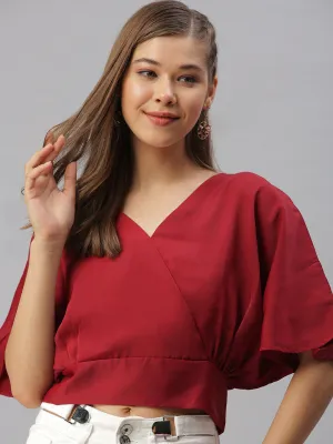 Women Maroon Satin Wrap Crop Top
