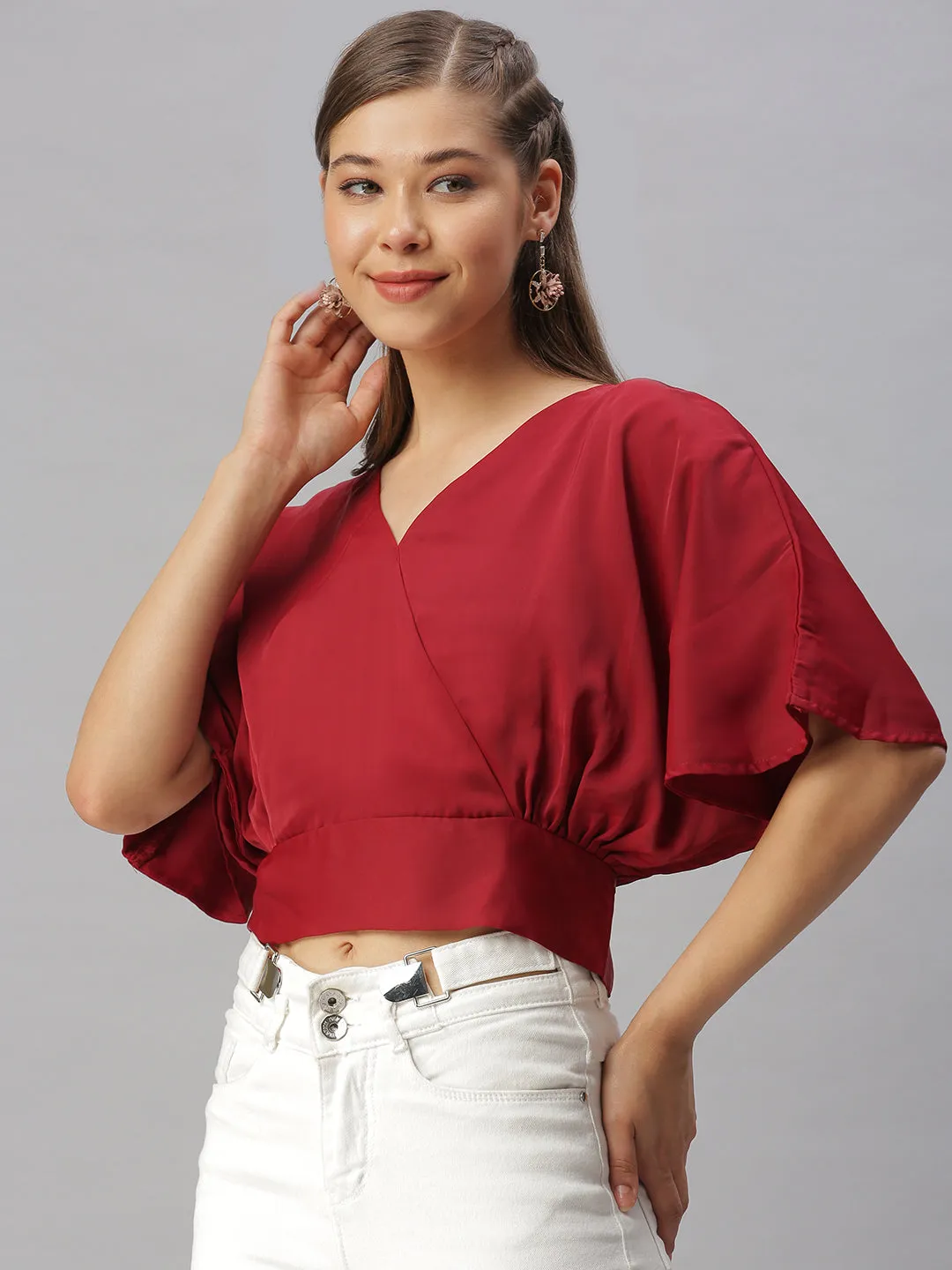 Women Maroon Satin Wrap Crop Top