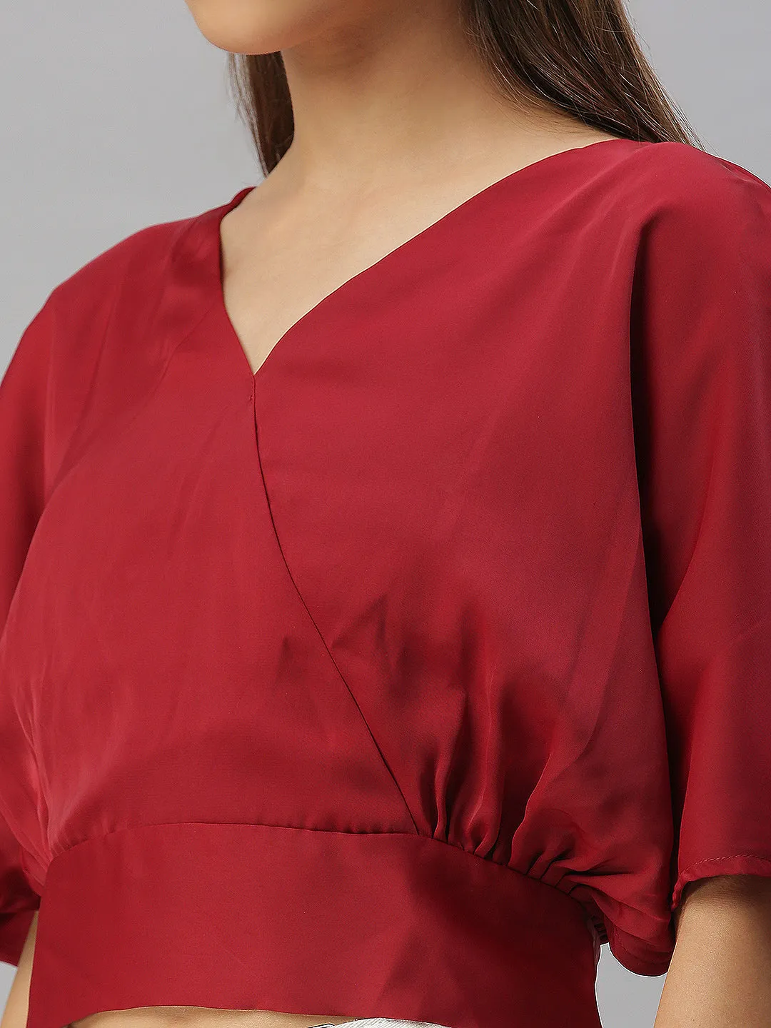 Women Maroon Satin Wrap Crop Top