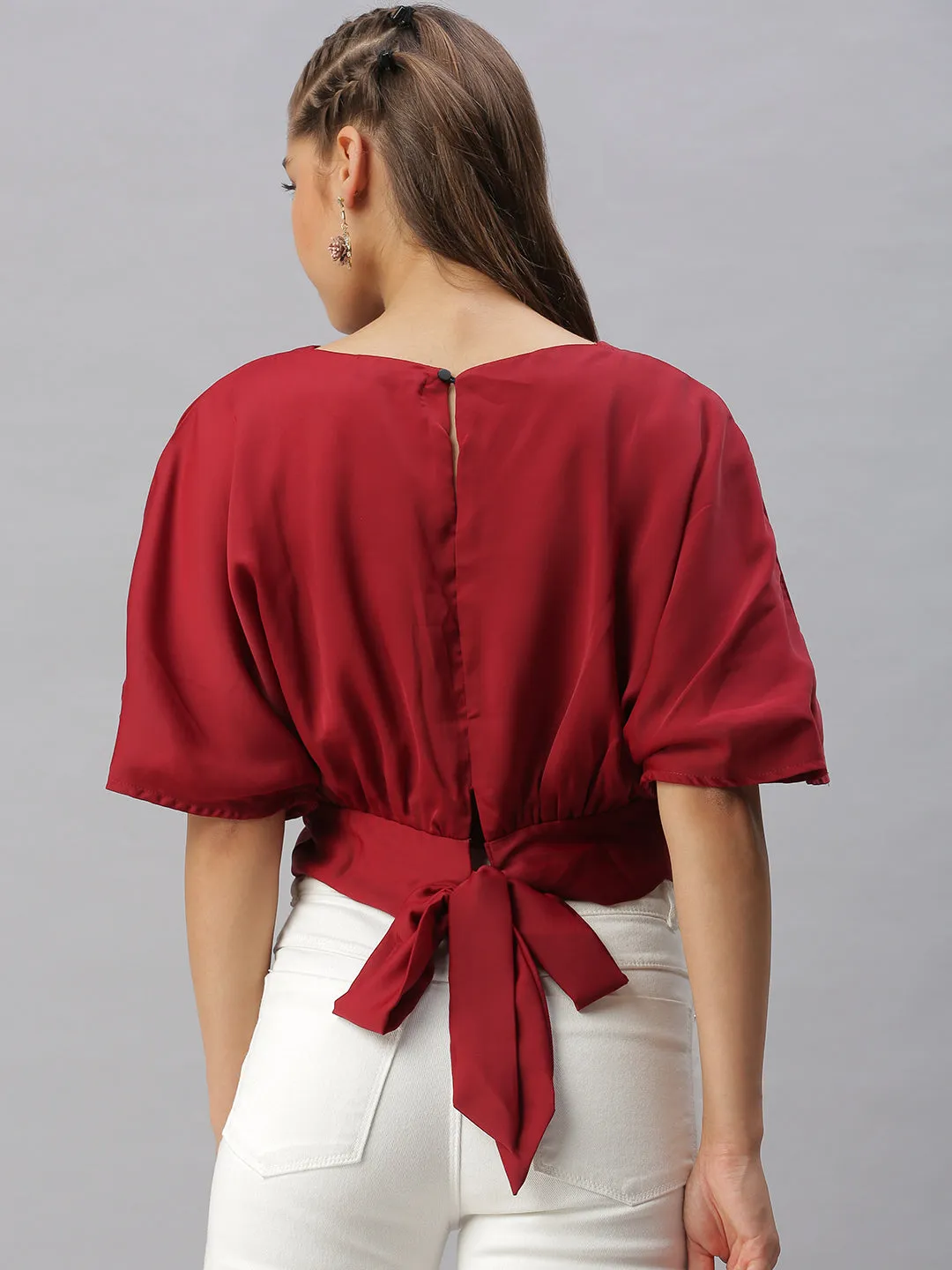 Women Maroon Satin Wrap Crop Top