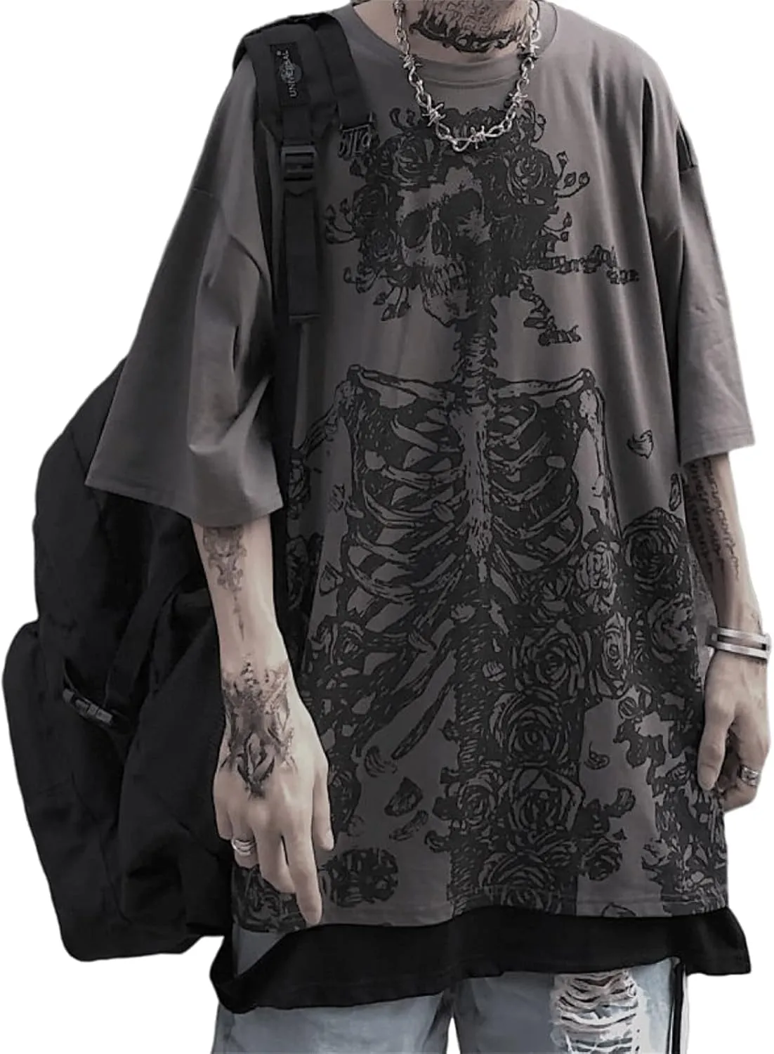 Women Men Y2K Skeleton T Shirt Gothic Skull Graphic Tee Oversized Punk Grunge Short Sleeve Top Streetwear Emo Alt Clothes