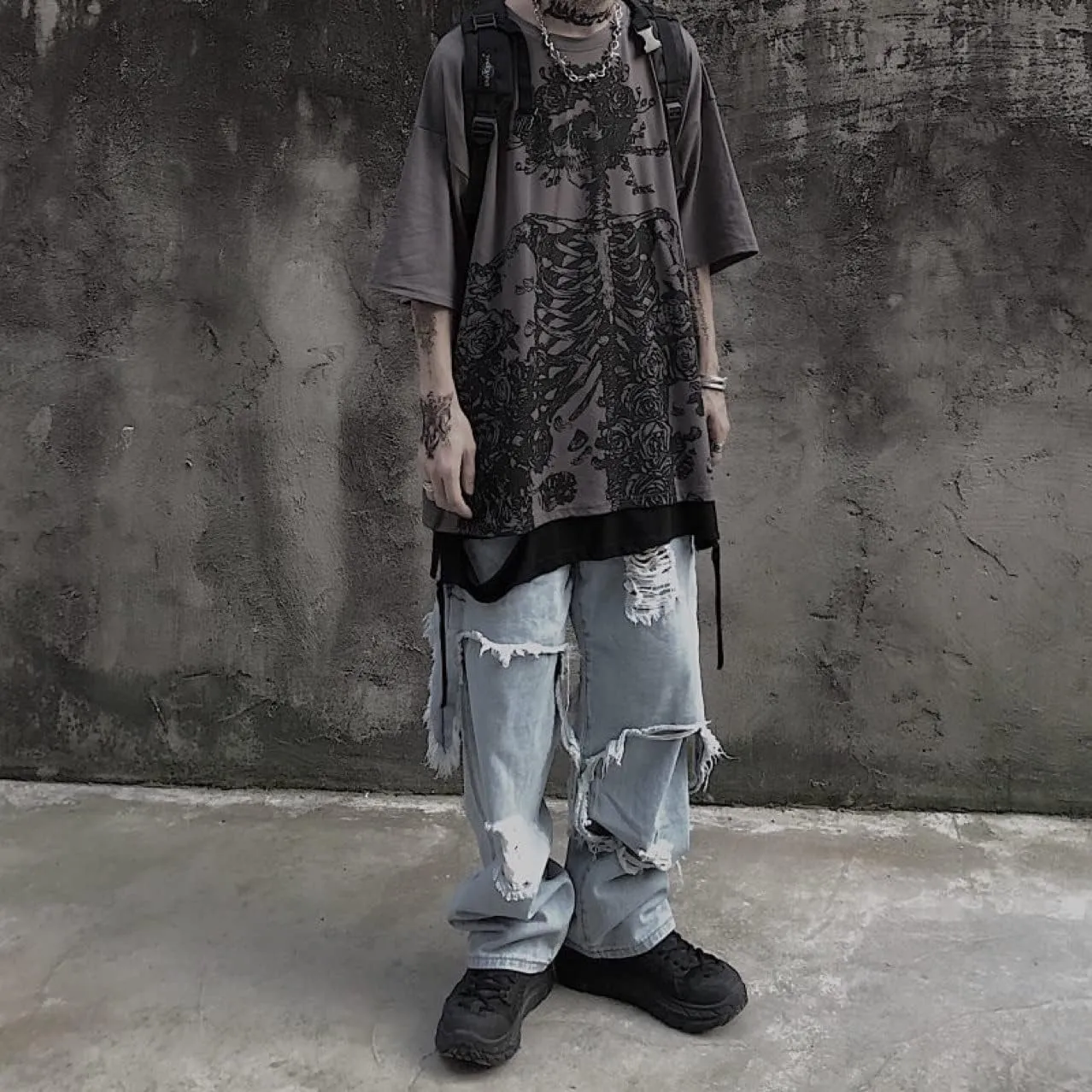 Women Men Y2K Skeleton T Shirt Gothic Skull Graphic Tee Oversized Punk Grunge Short Sleeve Top Streetwear Emo Alt Clothes