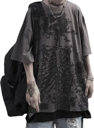 Women Men Y2K Skeleton T Shirt Gothic Skull Graphic Tee Oversized Punk Grunge Short Sleeve Top Streetwear Emo Alt Clothes