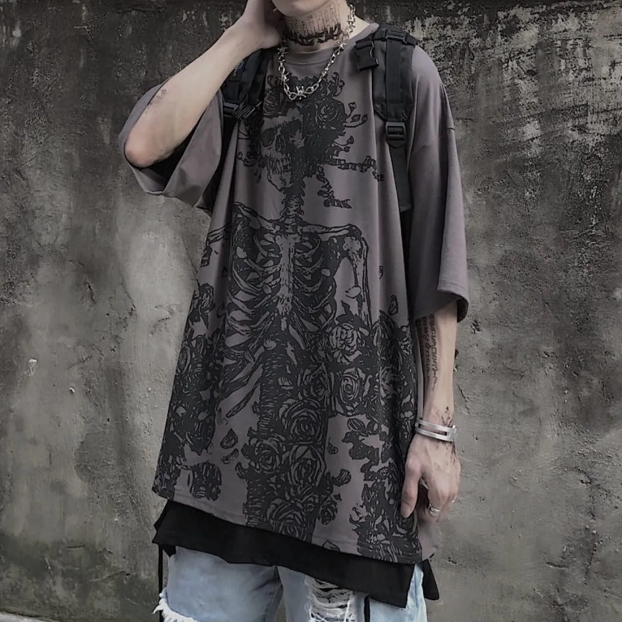 Women Men Y2K Skeleton T Shirt Gothic Skull Graphic Tee Oversized Punk Grunge Short Sleeve Top Streetwear Emo Alt Clothes