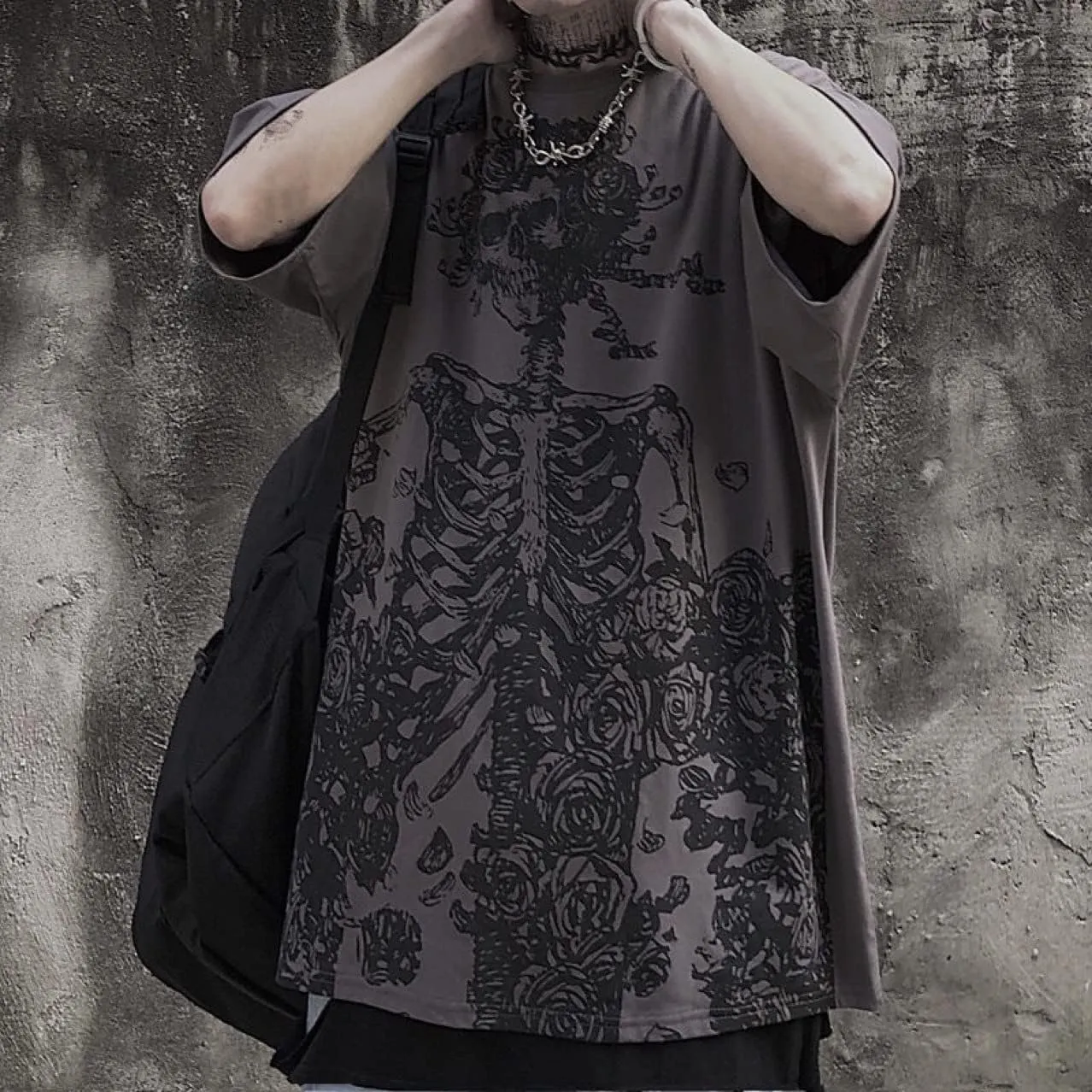 Women Men Y2K Skeleton T Shirt Gothic Skull Graphic Tee Oversized Punk Grunge Short Sleeve Top Streetwear Emo Alt Clothes
