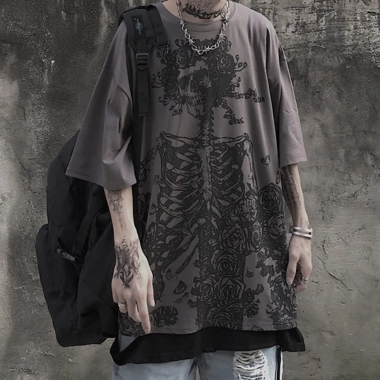 Women Men Y2K Skeleton T Shirt Gothic Skull Graphic Tee Oversized Punk Grunge Short Sleeve Top Streetwear Emo Alt Clothes