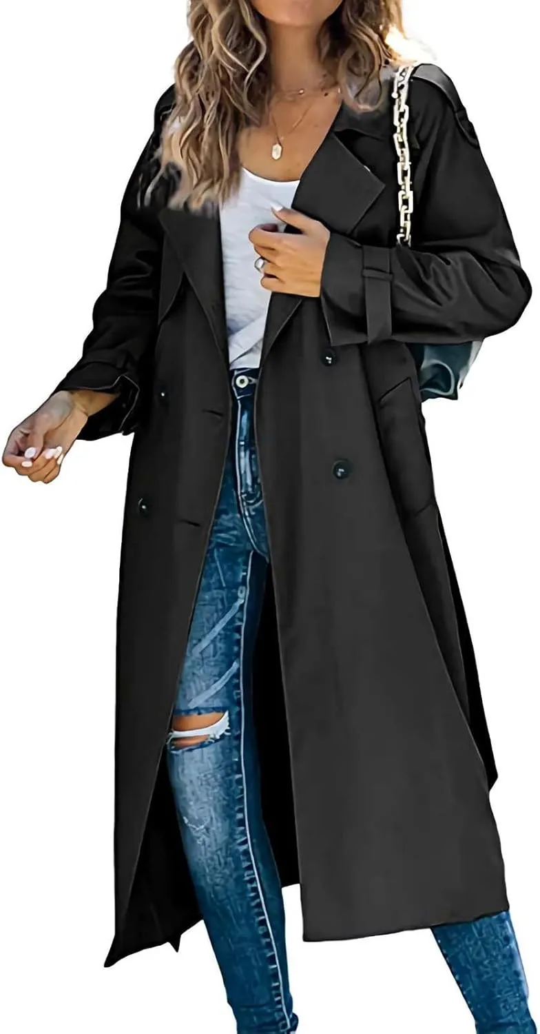 Women Notch Lapel Collar Trench Coats Open Front Cardigan Double Breasted Jacket Casual Long Peacoat 2022 Trendy Clothes
