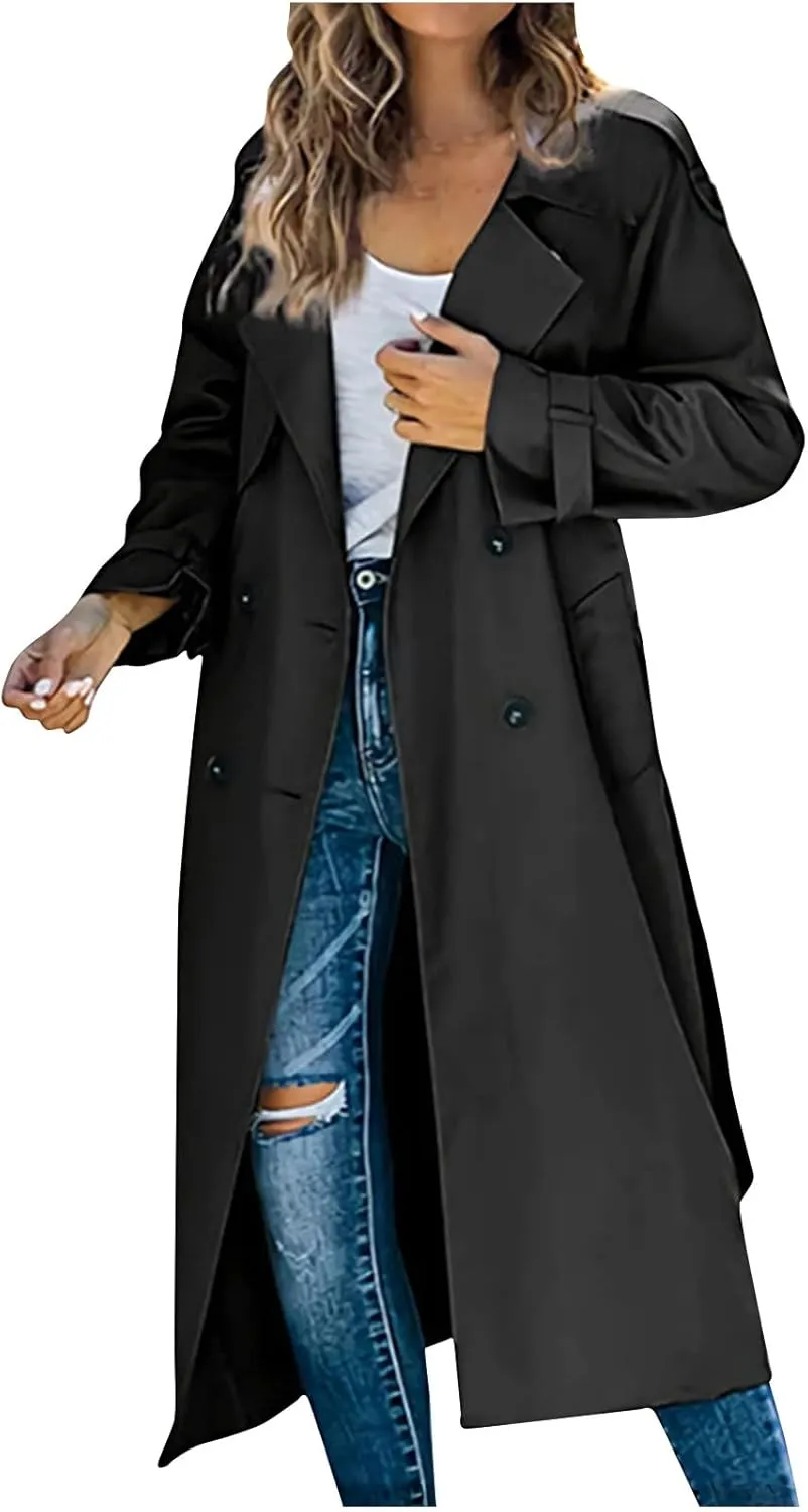 Women Notch Lapel Collar Trench Coats Open Front Cardigan Double Breasted Jacket Casual Long Peacoat 2022 Trendy Clothes