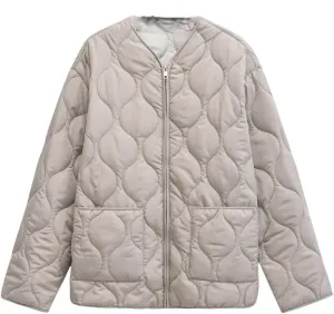 Women Patch Pocket Cotton Padded Jacket Coat Vintage O Neck Long Sleeve Zipper-Up Outerwear Tops Khaki M