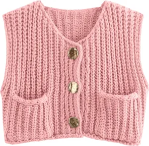 Women Sleeveless Knit Sweater Vest Crochet Chunky Button Down Cardigan Crop Vests Tops with Pockets