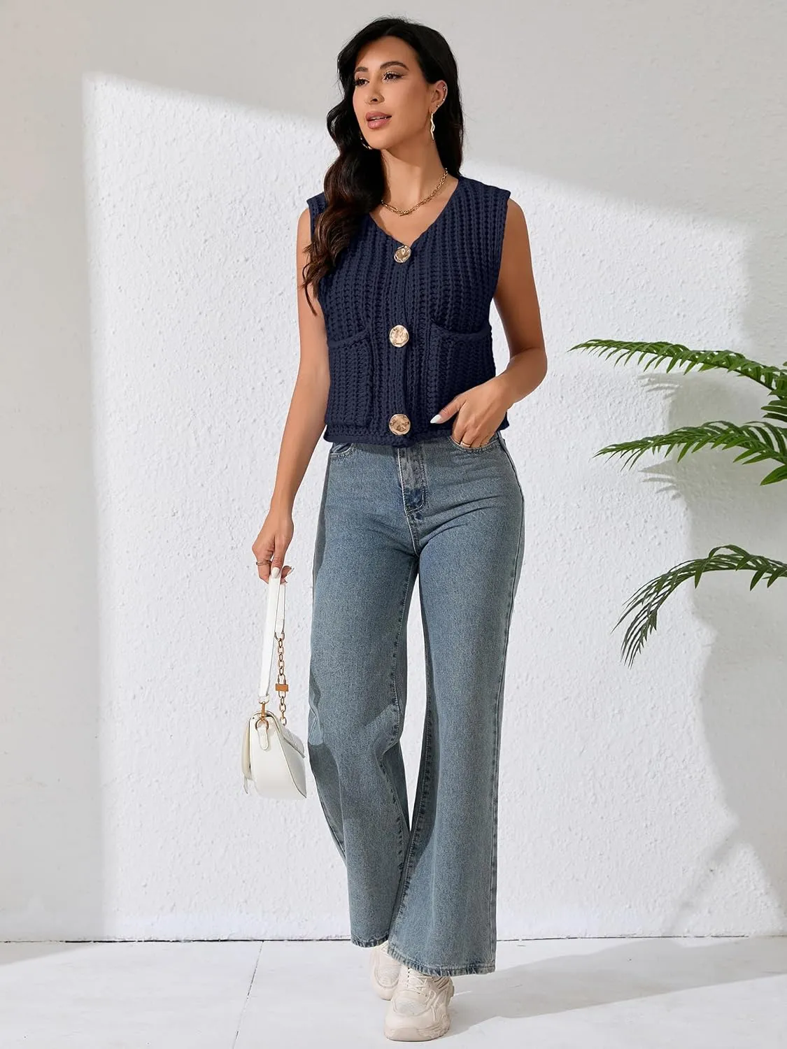 Women Sleeveless Knit Sweater Vest Crochet Chunky Button Down Cardigan Crop Vests Tops with Pockets