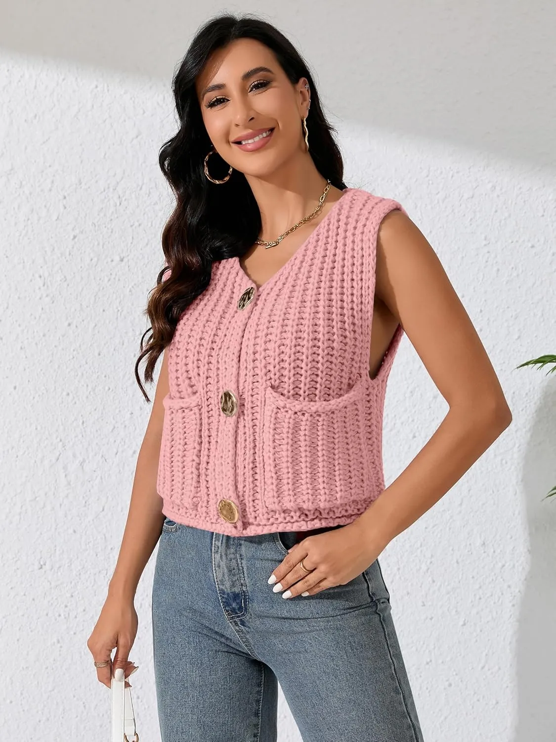 Women Sleeveless Knit Sweater Vest Crochet Chunky Button Down Cardigan Crop Vests Tops with Pockets