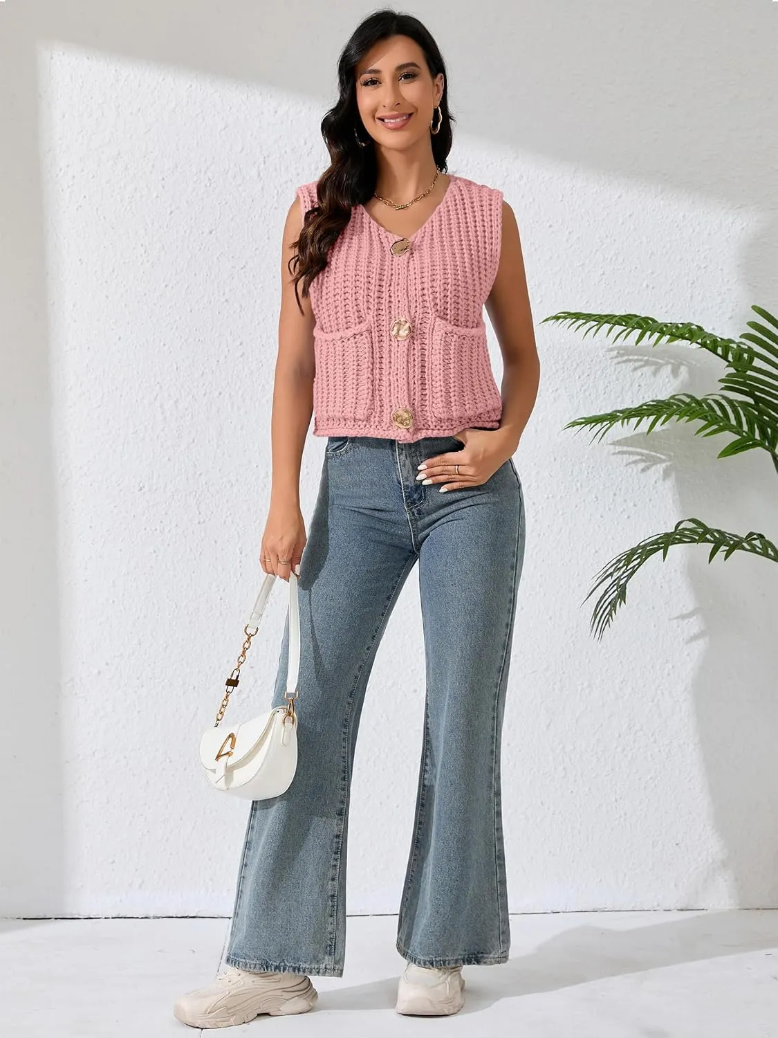 Women Sleeveless Knit Sweater Vest Crochet Chunky Button Down Cardigan Crop Vests Tops with Pockets