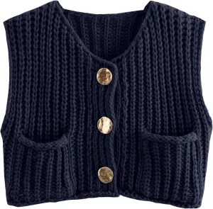 Women Sleeveless Knit Sweater Vest Crochet Chunky Button Down Cardigan Crop Vests Tops with Pockets