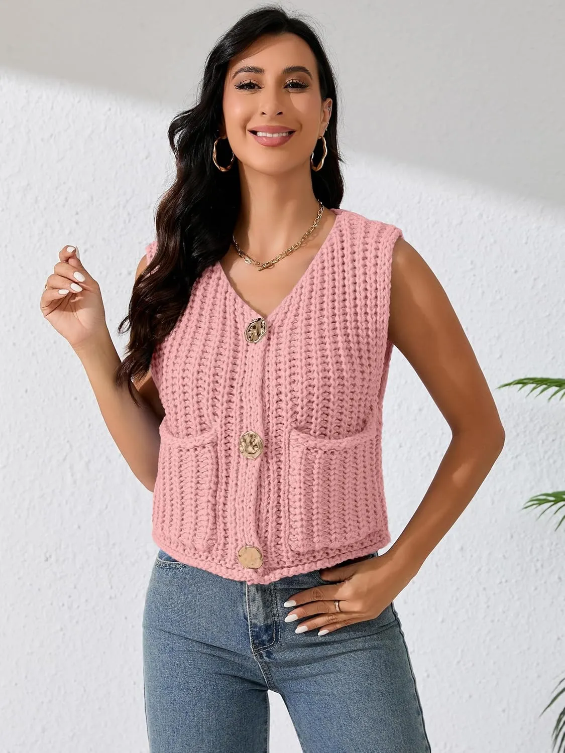 Women Sleeveless Knit Sweater Vest Crochet Chunky Button Down Cardigan Crop Vests Tops with Pockets