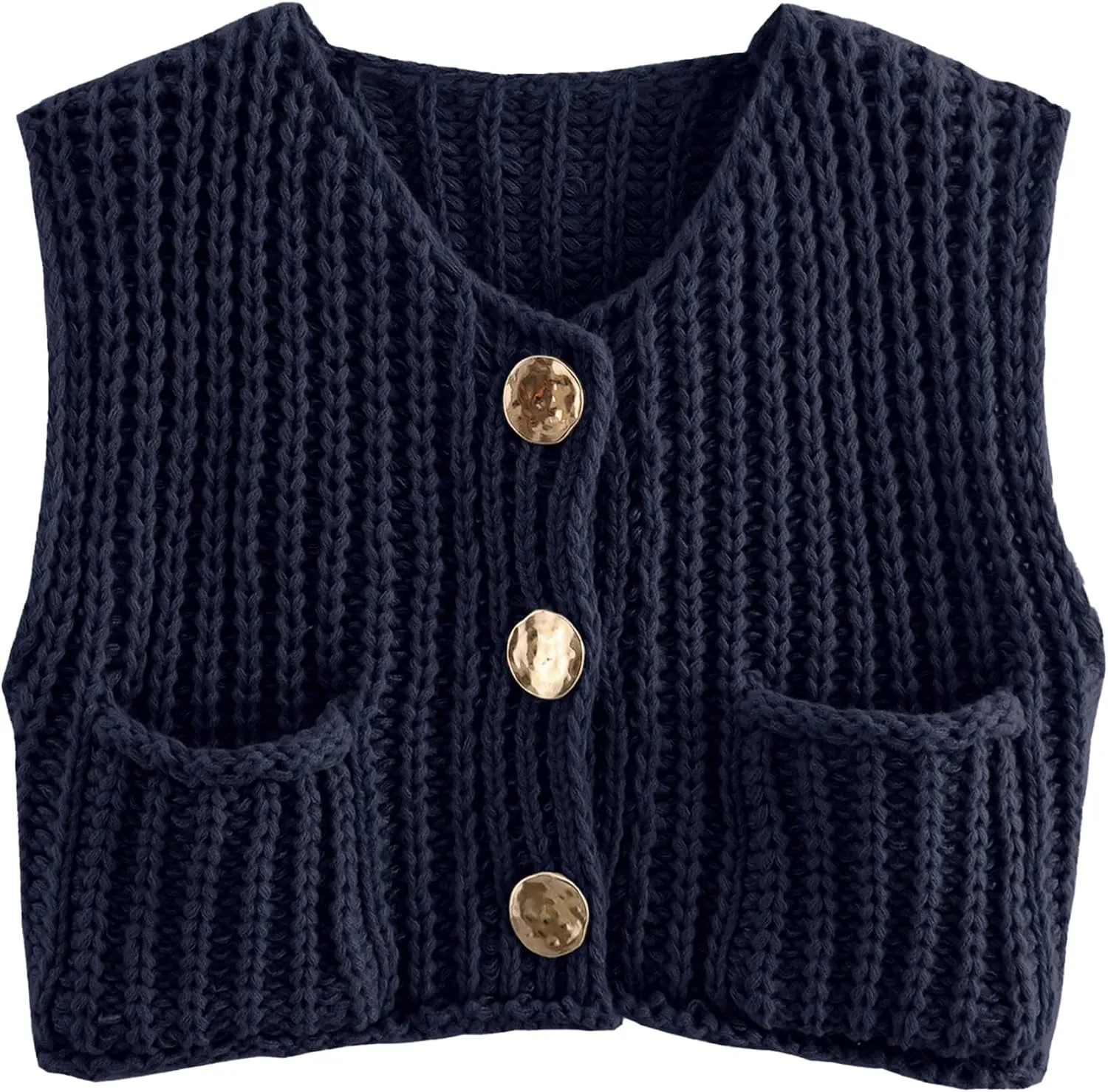 Women Sleeveless Knit Sweater Vest Crochet Chunky Button Down Cardigan Crop Vests Tops with Pockets