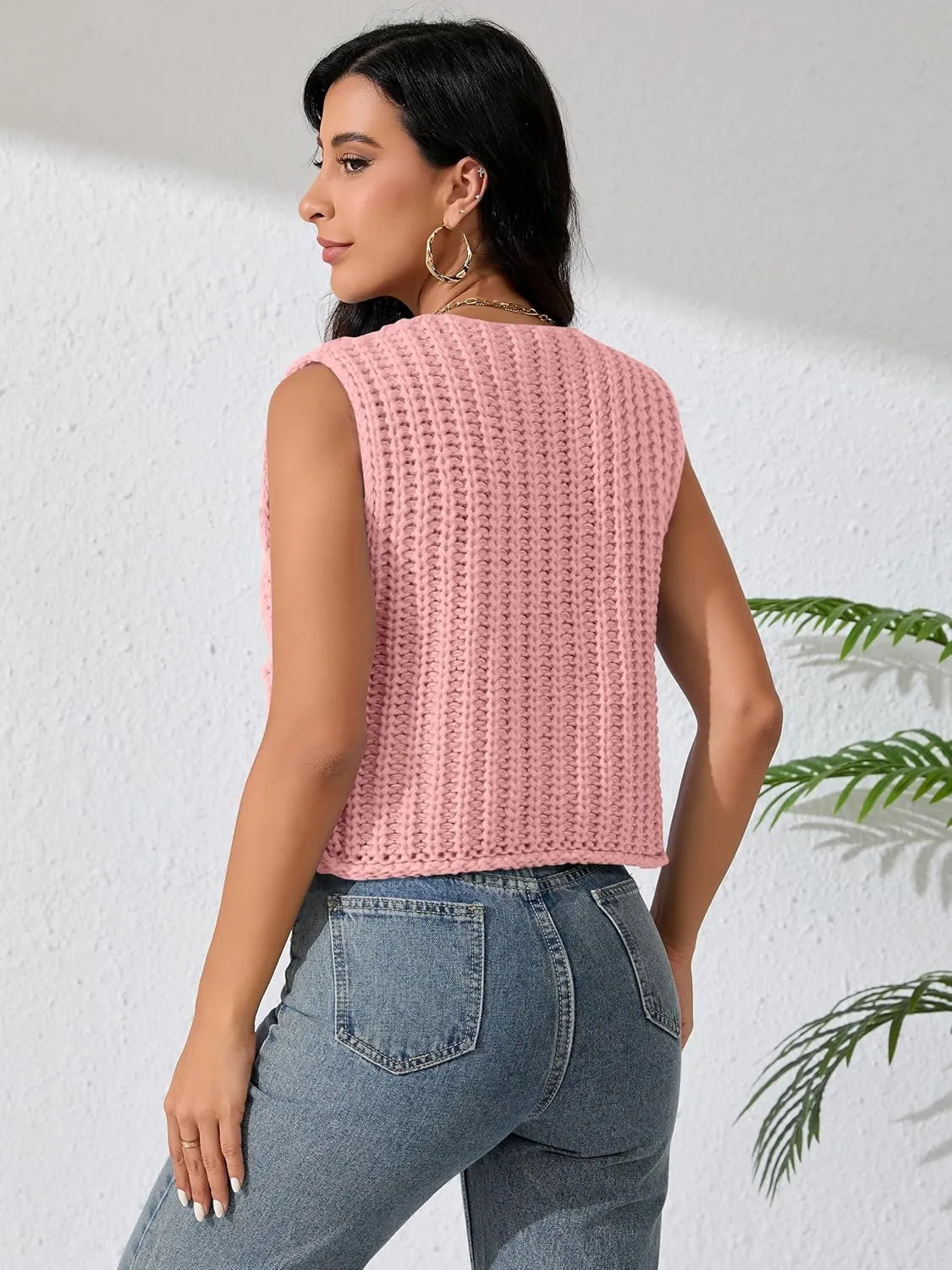 Women Sleeveless Knit Sweater Vest Crochet Chunky Button Down Cardigan Crop Vests Tops with Pockets