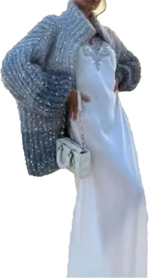 Women Stand Collar Gradient Color with Sparkling Sequin Zipper Cardigan Sweater Lantern Sleeve Loose Knit Elegant Outwear