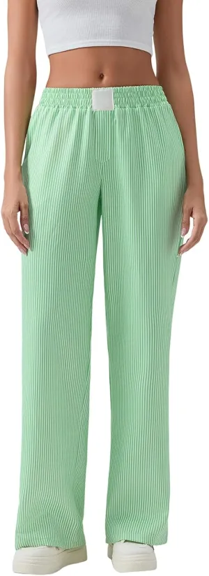Women Stripe Print Pants Y2k Elastic High Waist Straight Leg Slim Fit Trousers Vintage Pj Pants Coquette Streetwear
