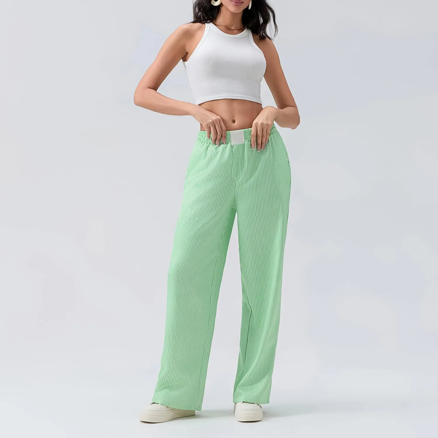 Women Stripe Print Pants Y2k Elastic High Waist Straight Leg Slim Fit Trousers Vintage Pj Pants Coquette Streetwear