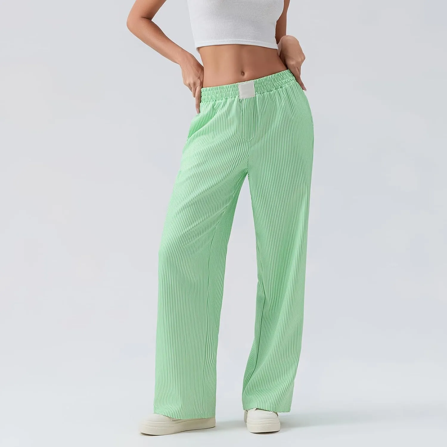 Women Stripe Print Pants Y2k Elastic High Waist Straight Leg Slim Fit Trousers Vintage Pj Pants Coquette Streetwear