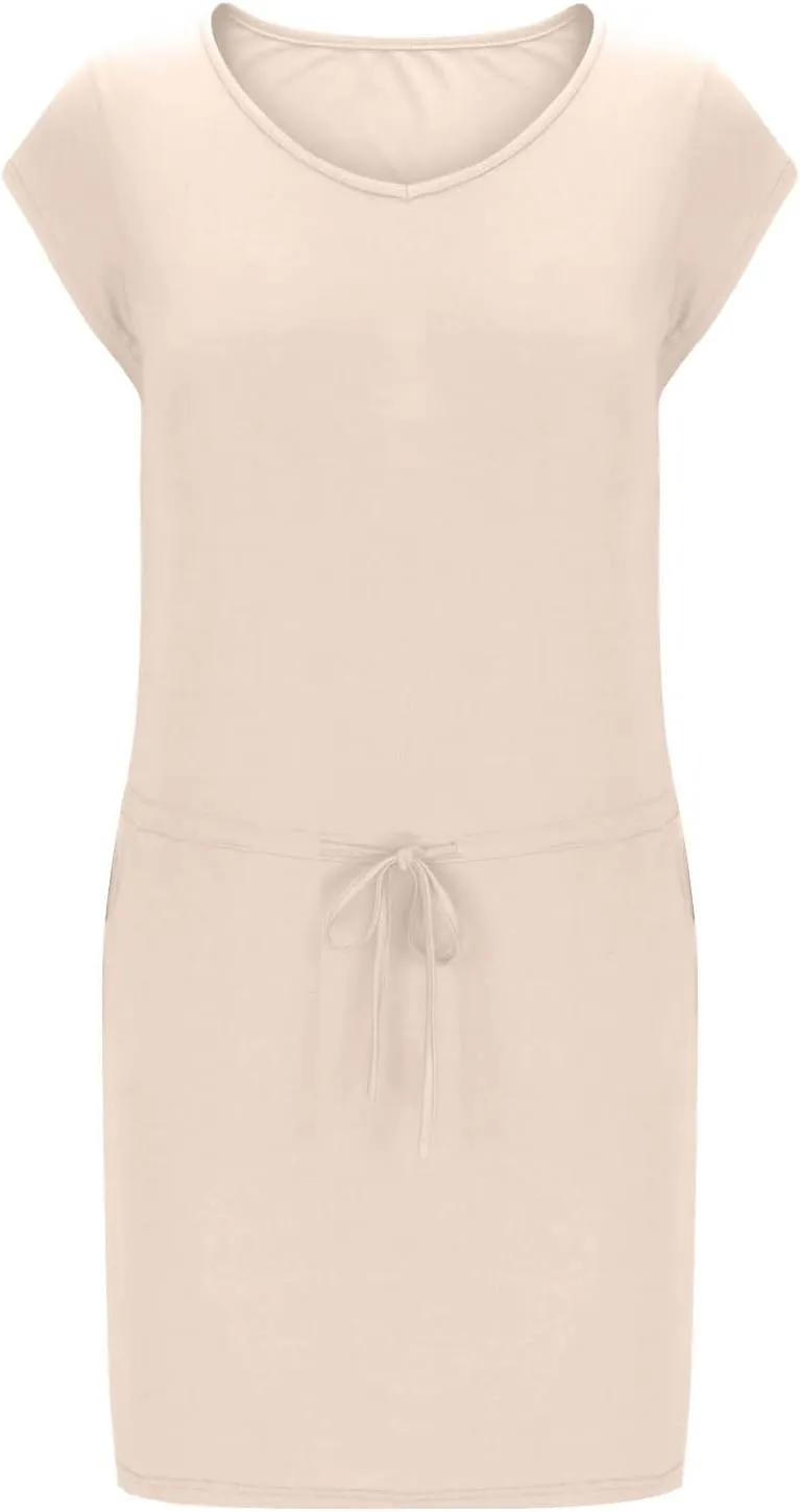 Women Summer Dress Casual Short Sleeve V Neck Sundresses Drawstring Waist Beach Cover up Mini Beach Dress with Pocket