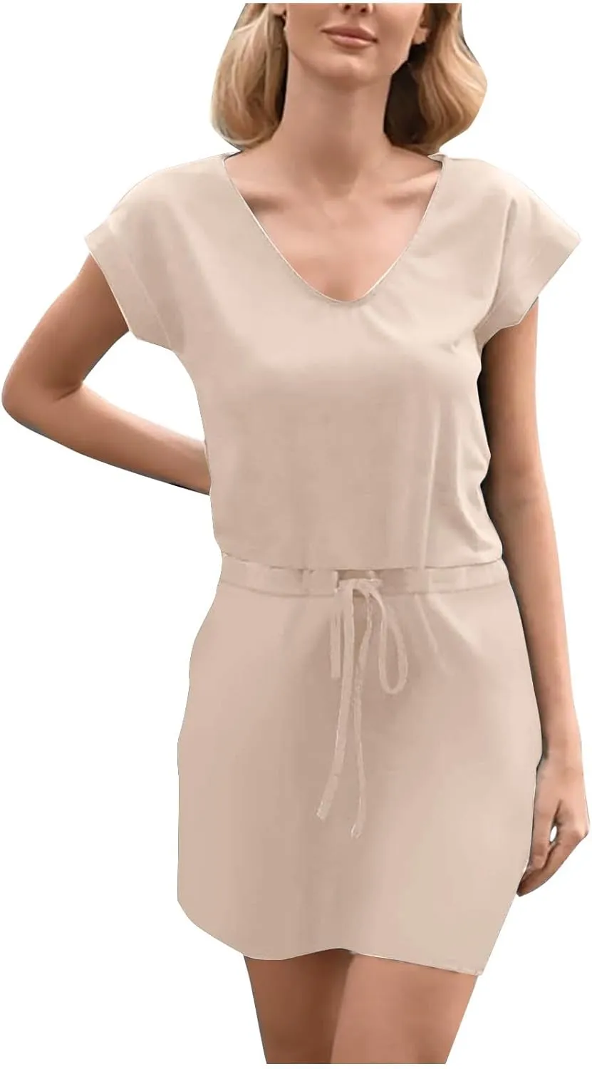 Women Summer Dress Casual Short Sleeve V Neck Sundresses Drawstring Waist Beach Cover up Mini Beach Dress with Pocket