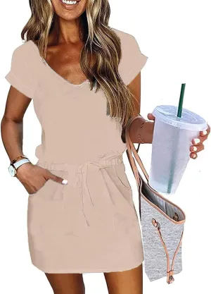 Women Summer Dress Casual Short Sleeve V Neck Sundresses Drawstring Waist Beach Cover up Mini Beach Dress with Pocket