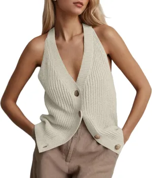 Women Sweater Vest Tops Button Down V Neck Sleeveless Knit Tank Top Loose Fit Knit Cardigan Vest Solid Summer Shirts