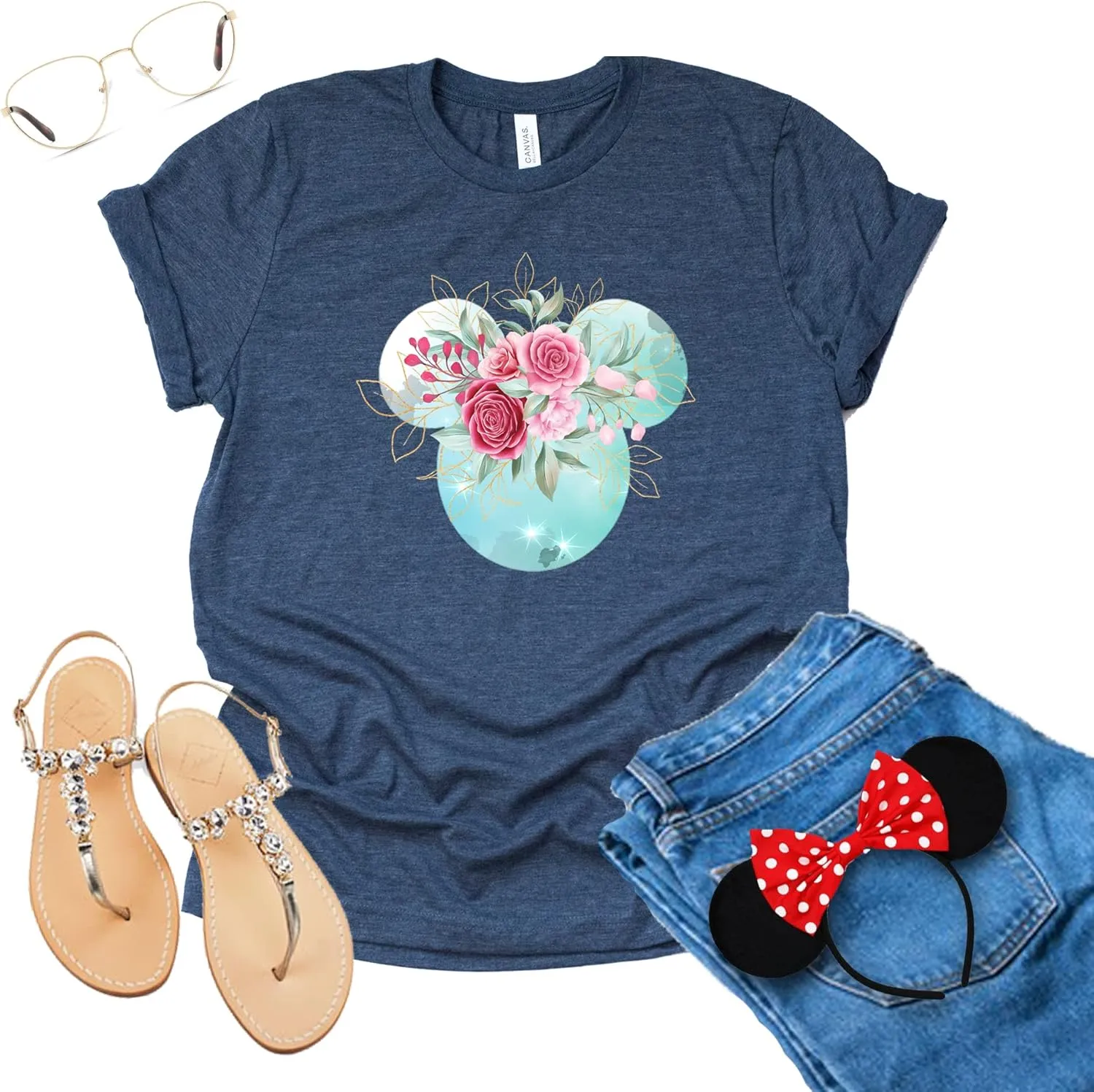 Women Teen Mickey Ears Pink Flowers with Gold Leaves Shirt Floral Adult Ladies Boho Character Tshirt