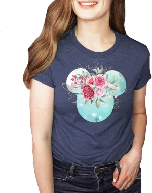 Women Teen Mickey Ears Pink Flowers with Gold Leaves Shirt Floral Adult Ladies Boho Character Tshirt