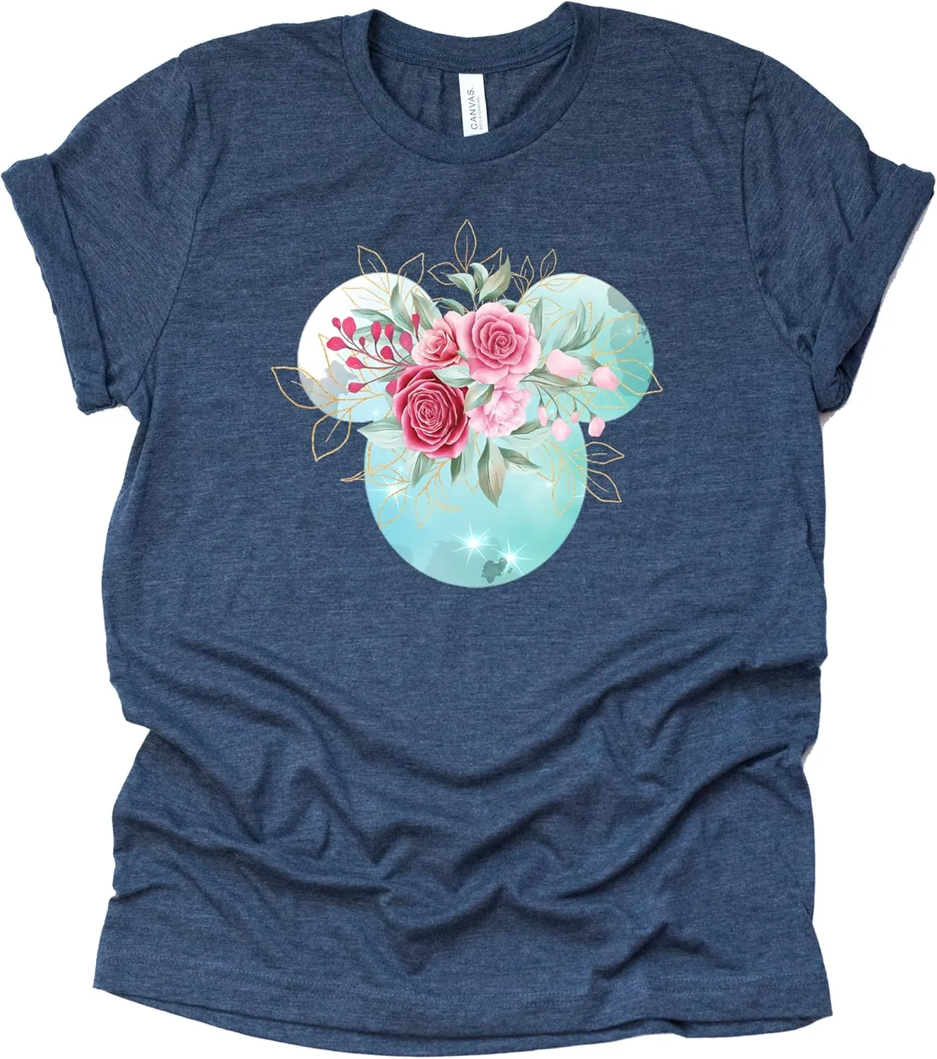 Women Teen Mickey Ears Pink Flowers with Gold Leaves Shirt Floral Adult Ladies Boho Character Tshirt