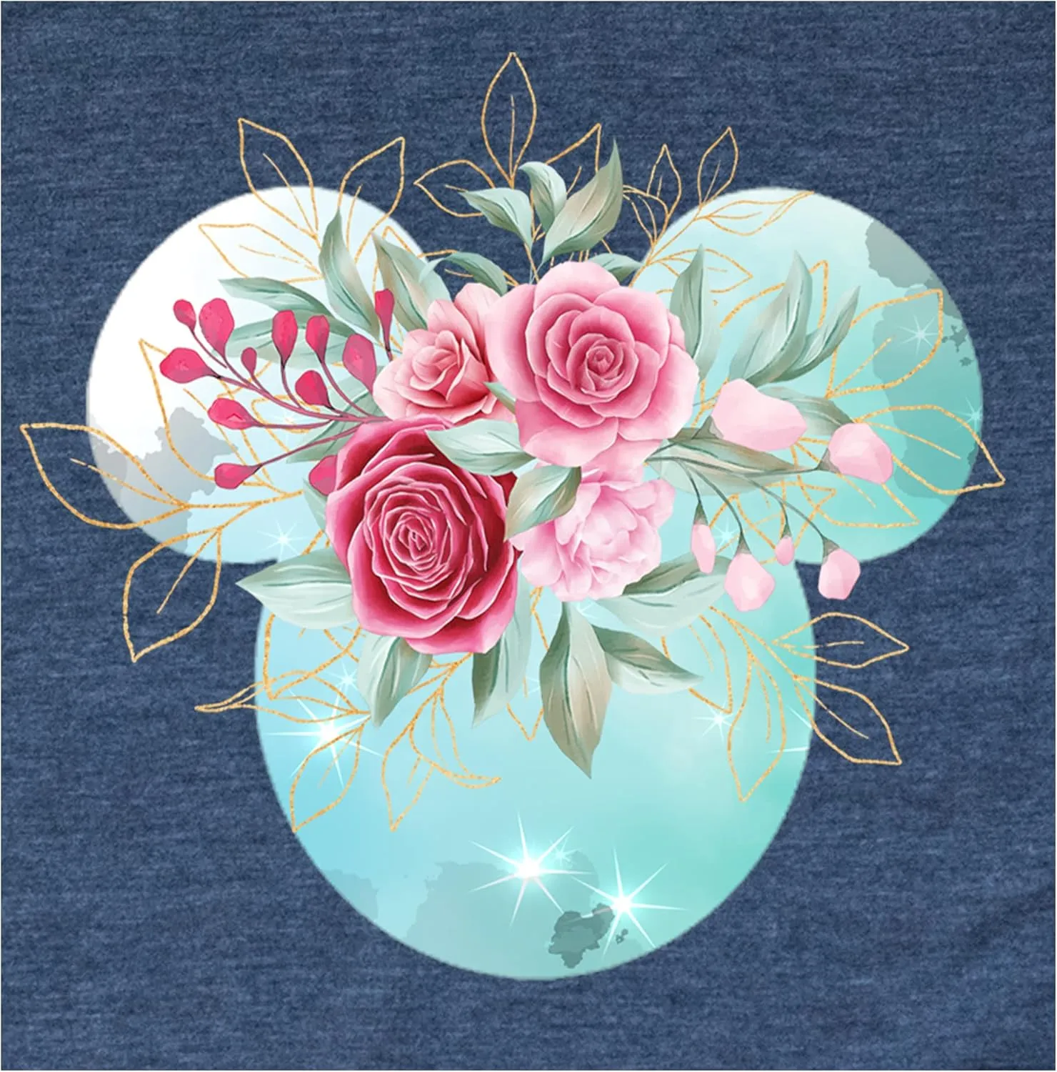 Women Teen Mickey Ears Pink Flowers with Gold Leaves Shirt Floral Adult Ladies Boho Character Tshirt