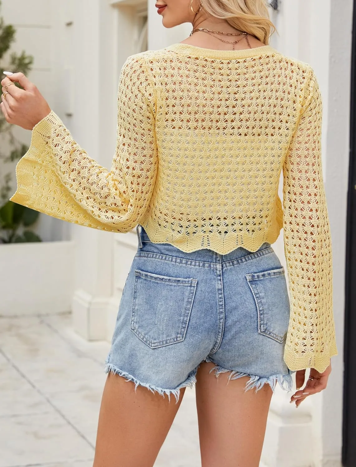 Women Tie Front Cropped Cardigan Crochet Bolero Shrug Sweater Bell Sleeve Knit Crop Top