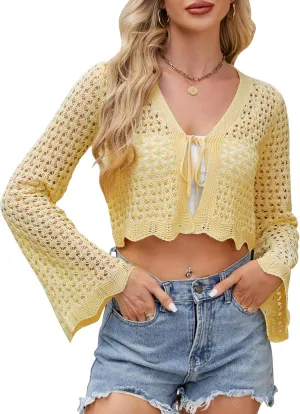 Women Tie Front Cropped Cardigan Crochet Bolero Shrug Sweater Bell Sleeve Knit Crop Top