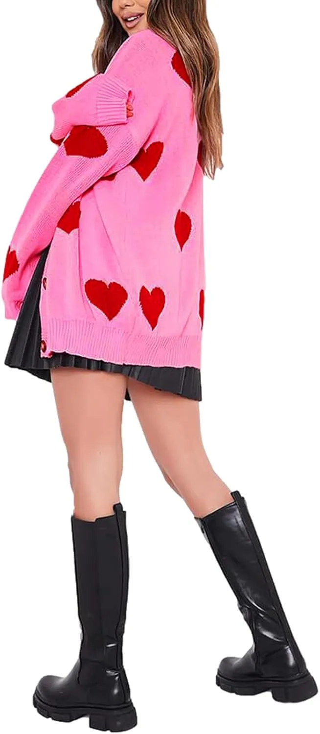 Women Valentines Day Heart Sweater Cardigan Long Sleeve Button Open Front Casual Loose Knit Sweater Outerwear