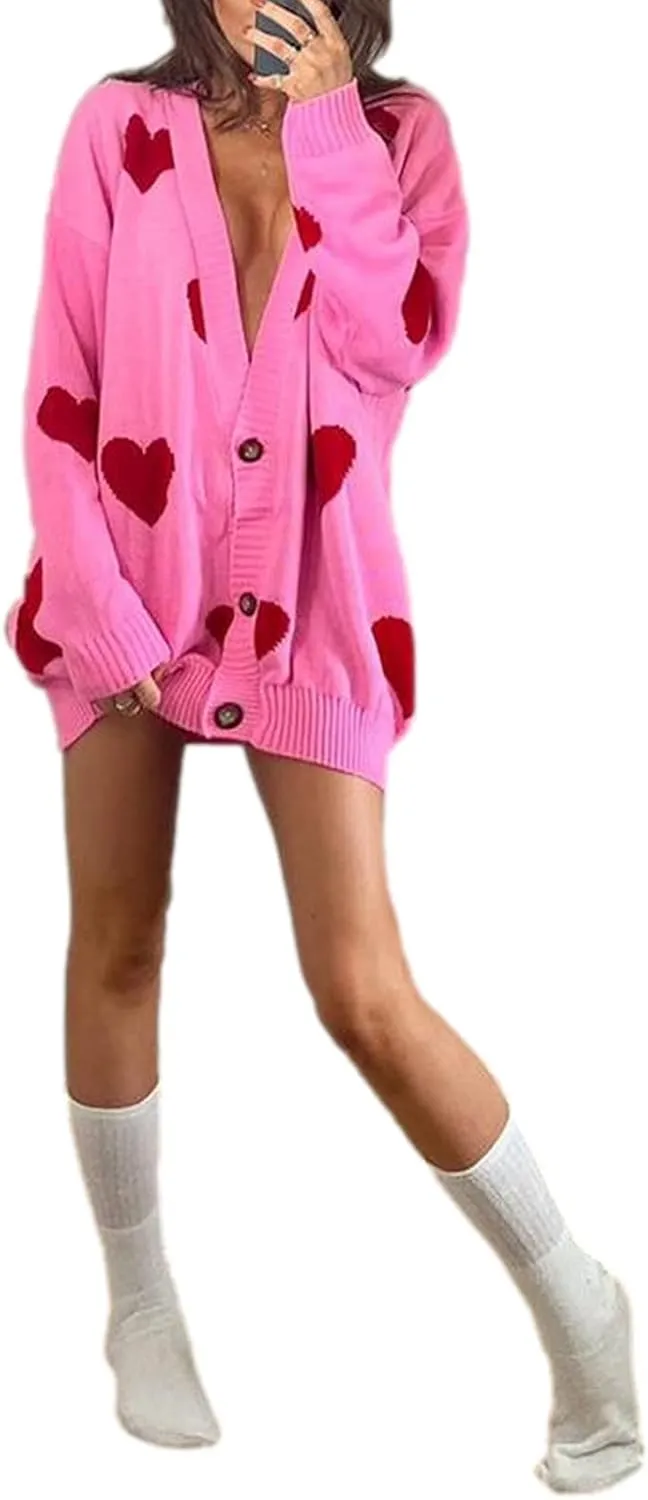 Women Valentines Day Heart Sweater Cardigan Long Sleeve Button Open Front Casual Loose Knit Sweater Outerwear