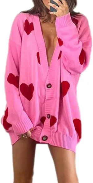 Women Valentines Day Heart Sweater Cardigan Long Sleeve Button Open Front Casual Loose Knit Sweater Outerwear