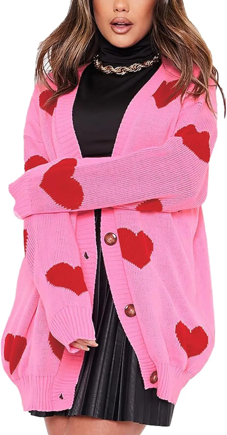 Women Valentines Day Heart Sweater Cardigan Long Sleeve Button Open Front Casual Loose Knit Sweater Outerwear