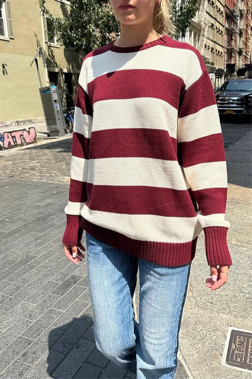 Women Y2K Striped Sweater Knit Oversized Long Sleeve Pullover Sweaters 90S Harajuku Preppy E-Girl Streetwear