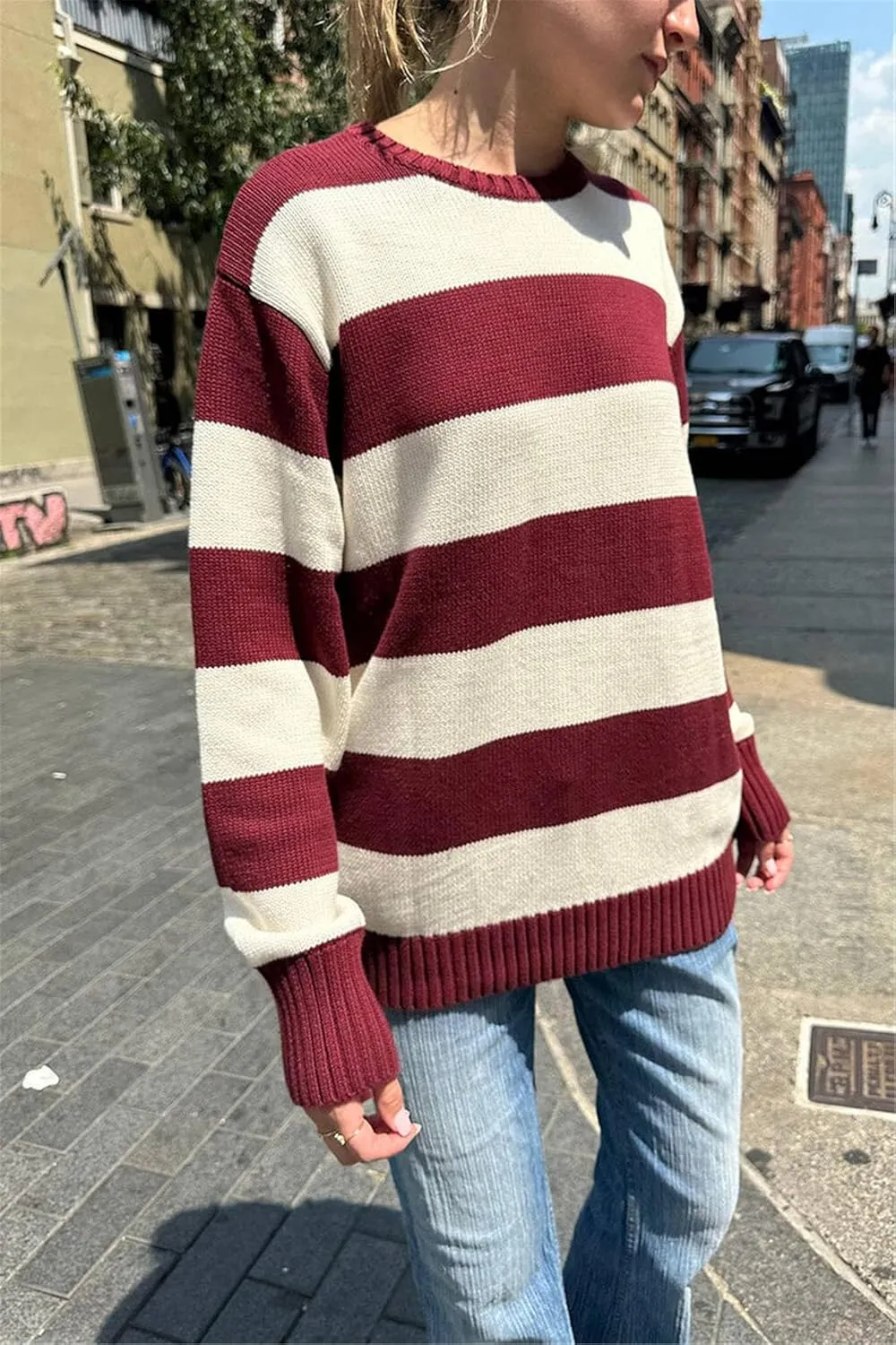 Women Y2K Striped Sweater Knit Oversized Long Sleeve Pullover Sweaters 90S Harajuku Preppy E-Girl Streetwear