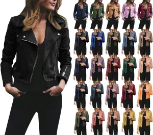 Women's 2023 Fall Faux Leather Biker Motorcycle Jacket Fashion Plus Size Long Sleeve Zipper Slim Fit Short Casual Coat