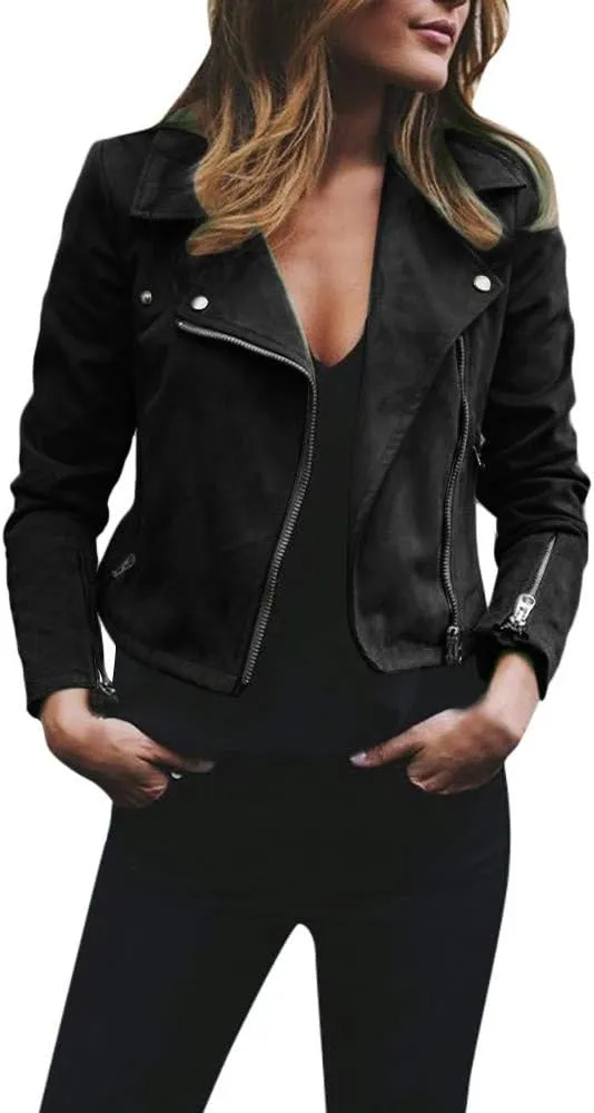 Women's 2023 Fall Faux Leather Biker Motorcycle Jacket Fashion Plus Size Long Sleeve Zipper Slim Fit Short Casual Coat