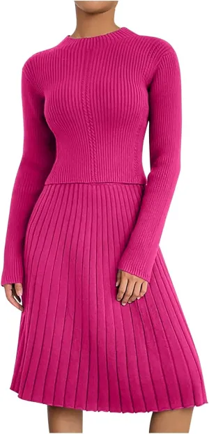 Womens 2023 Fall Two Piece Outfits Ribbed Knit Long Sleeve Pullover Sweater and Midi Skirt Sets Solid Color Loungewear