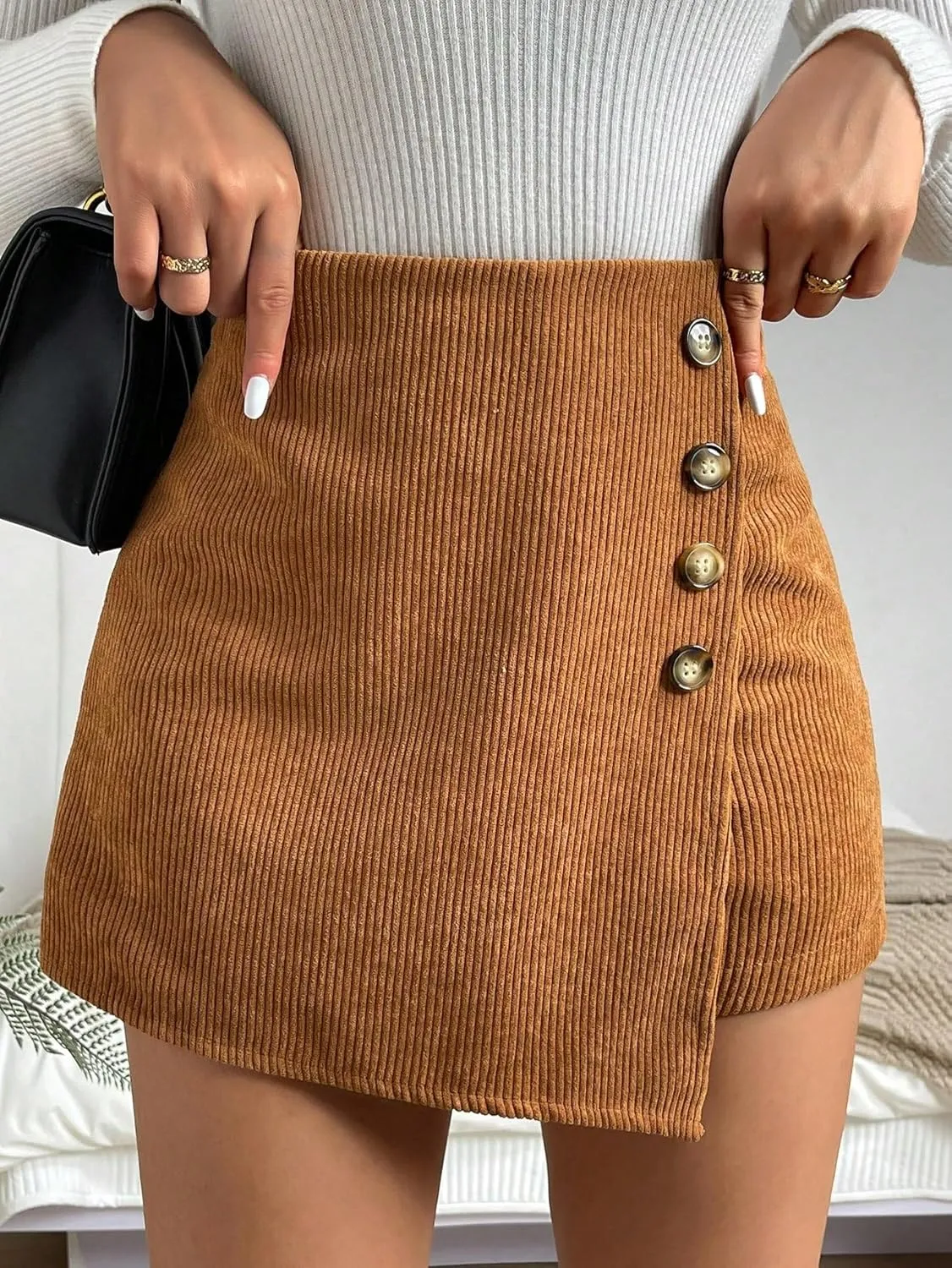 Women's 2025 Casual Plain Shorts Button Skort